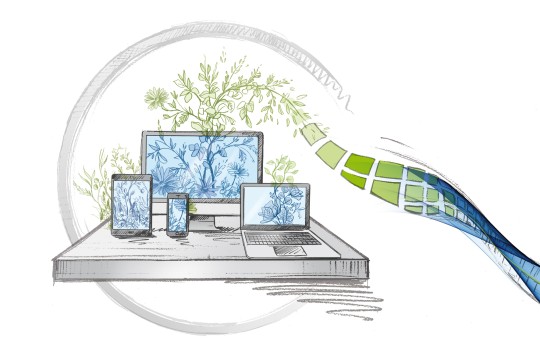 Monitor, Tablet, Handy und Laptop stehen vor Pflanzen. Pflanzen gehen in einen digitalen Strang über.